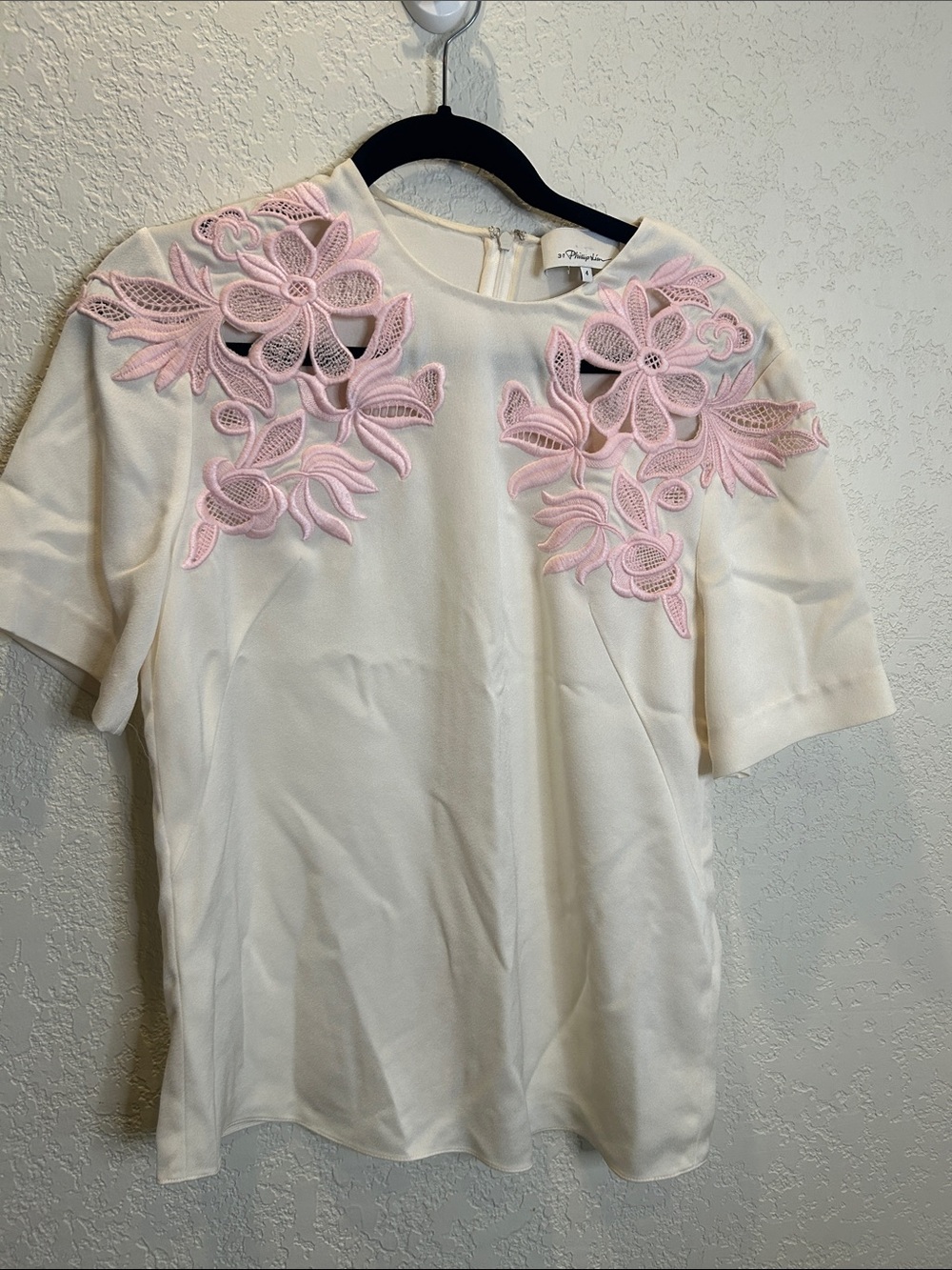 3.1 Phillip Lim Ivory Top with Pink Floral Appliqué
